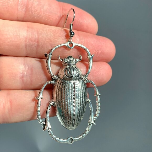 Silver Beetle Bug Drop Earrings — NWT - Picture 2 of 5